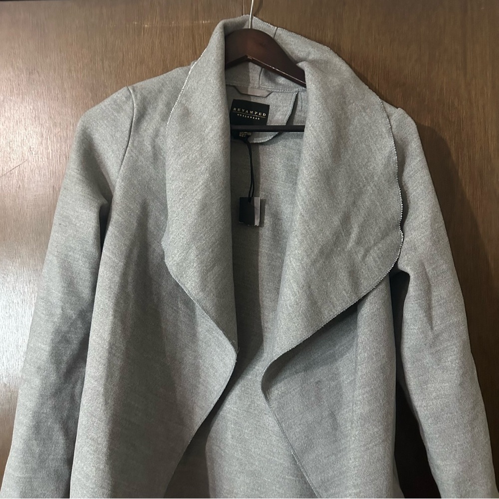 Revamped Grey Waterfall Collar Waist Tie Women's Coat Sz XS Cozy Fall Academia - Picture 3 of 9